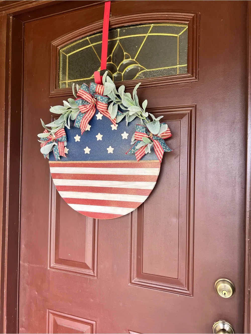 Door Hanger 18 In Round Wood Hand painted Patriotic 4th Of July Ribbon Red White